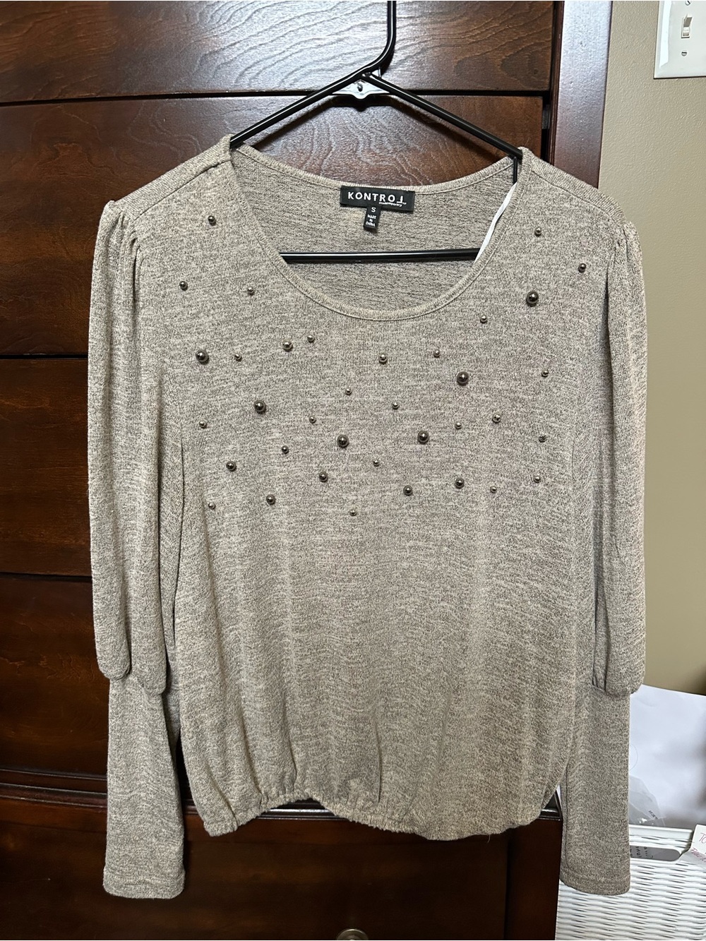 Pearl-Embellished Heather Taupe Long-Sleeve Top